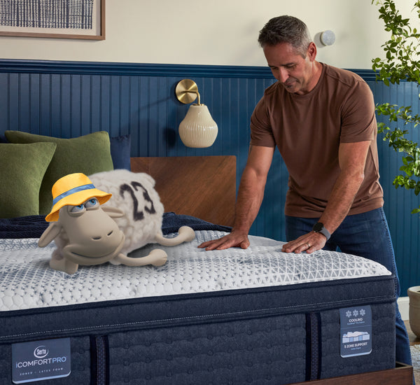 Man standing with his hands on a Serta iComfortPro mattress with a Serta sheep sitting on top of it.